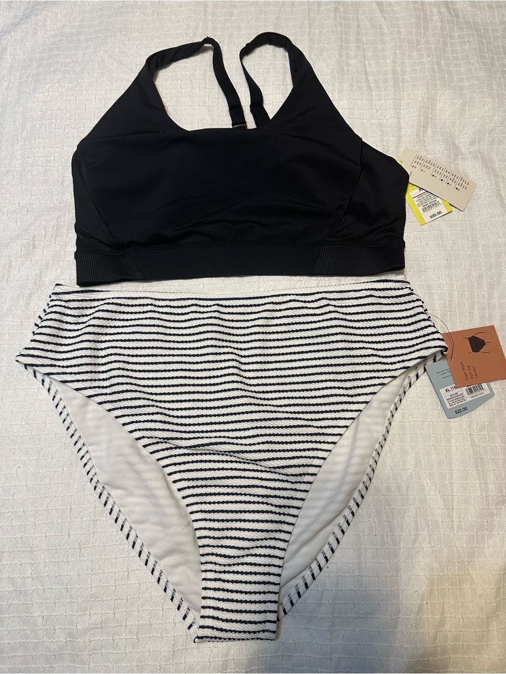2 piece bundle black bralette top w/ black/white stripe high waist swim bottom